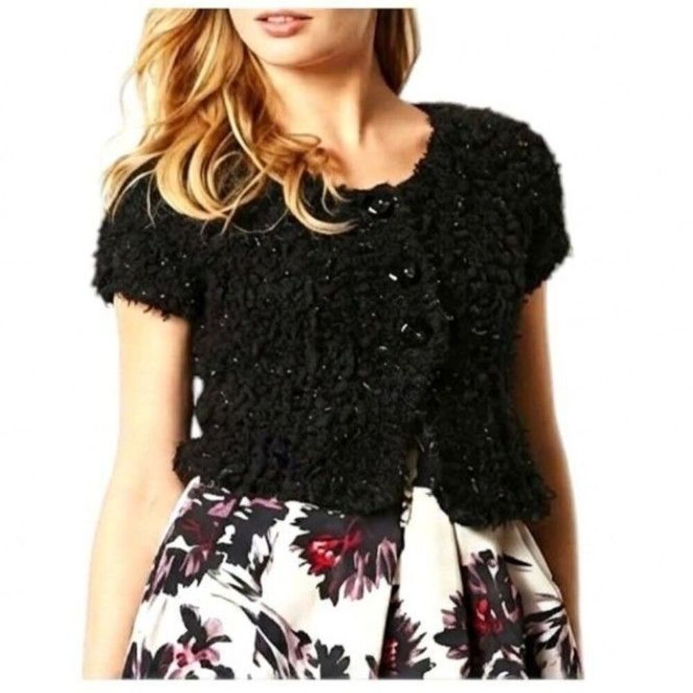 Knitted & Knotted Anthropologie Crop Fuzzy Wool Cardigan Top Black M Whimsigoth